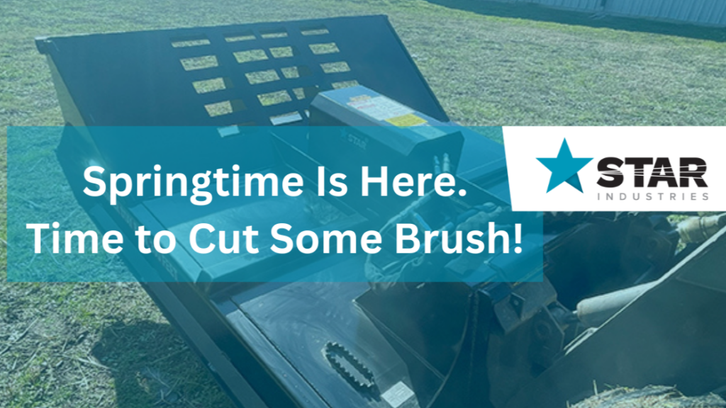 Skid steer brush cutter attachment positioned on grass for vegetation clearing