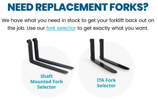 Graphic showing shaft-mounted forklift forks and ITA forklift forks available for replacement