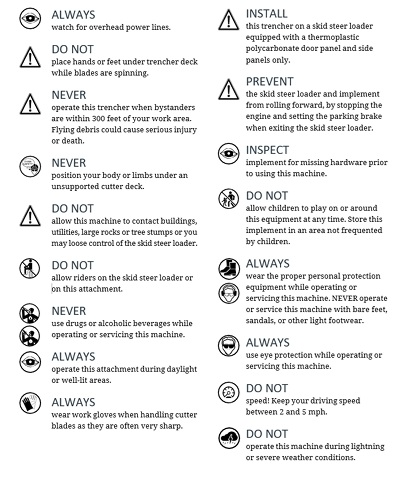 Safety instructions and operating guidelines for skid steer trencher attachment