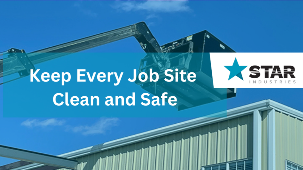 Forklift-mounted trash hopper used for safe debris removal on a job site